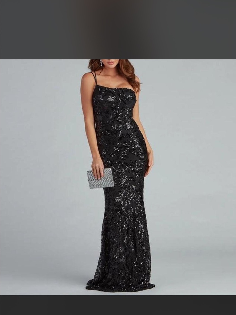 Windsor Meredith One Shoulder Black Sequin Spaghetti-Strap Gown